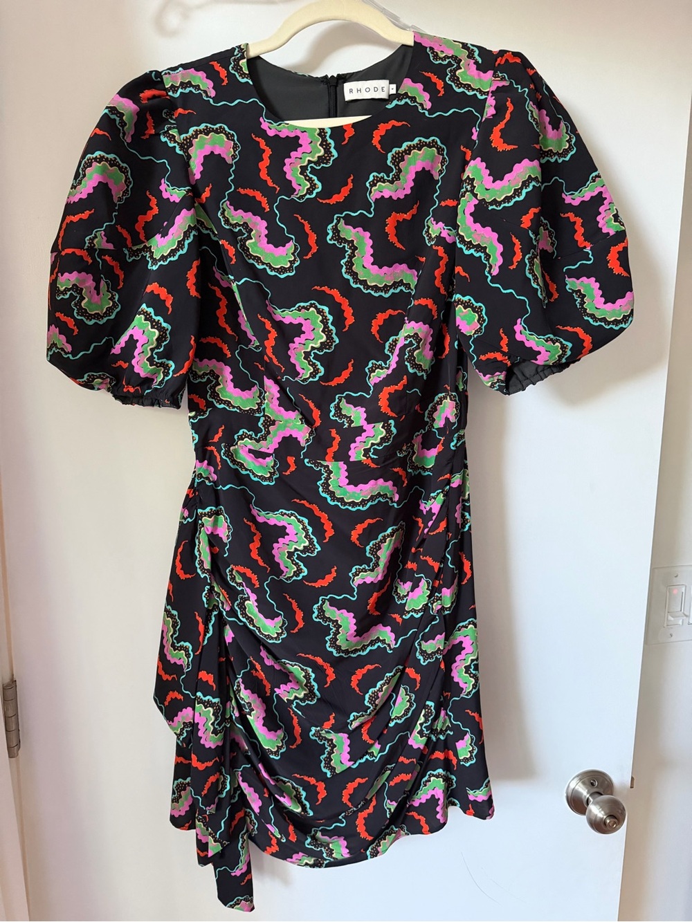 RHODE Black Puff-Sleeve Printed Mini Dress - Pink & Green Print size 4